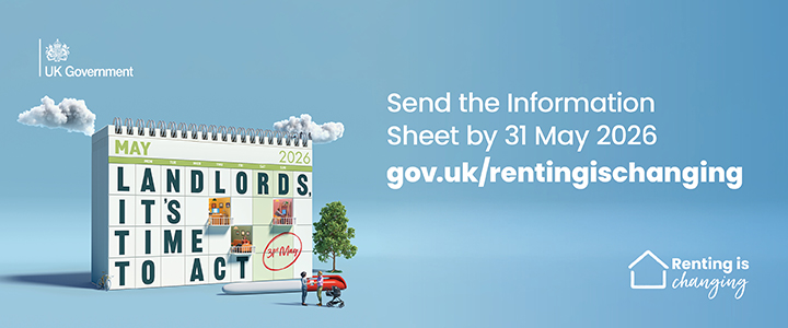 Wording 'Landlords, get on top of the renting changes' is used to form the shape of a home. The wording is made to look like bricks and other home décor. the frame of the house is covered by a roof and drainpipe. there are models of people who are landlords who are taking action like speaking to their tenants and going online to review the new guidance on the Renters Rights Bill